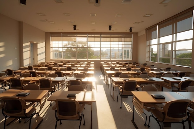 classroom with rows of neatly arranged desks and chairs