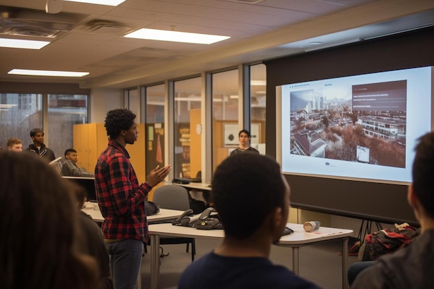 Photo a classroom with a screen showing a group of people talking to a man in a red shirt.