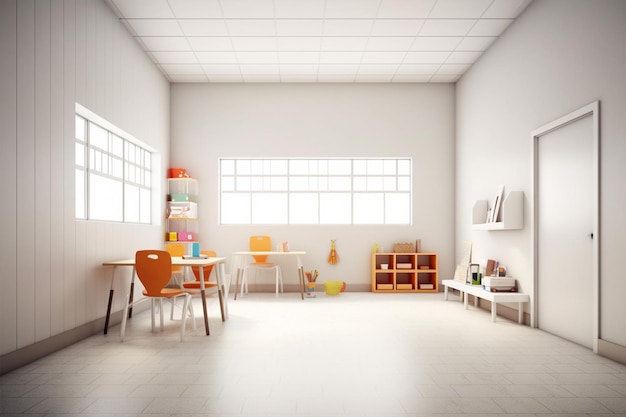 A classroom with a shelf that says'play'on it