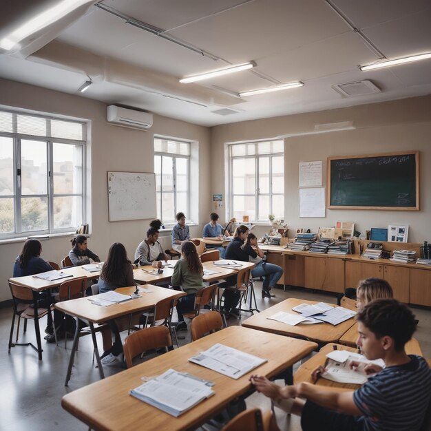 写真 クラスルーム 学生が清潔な教室を整えています