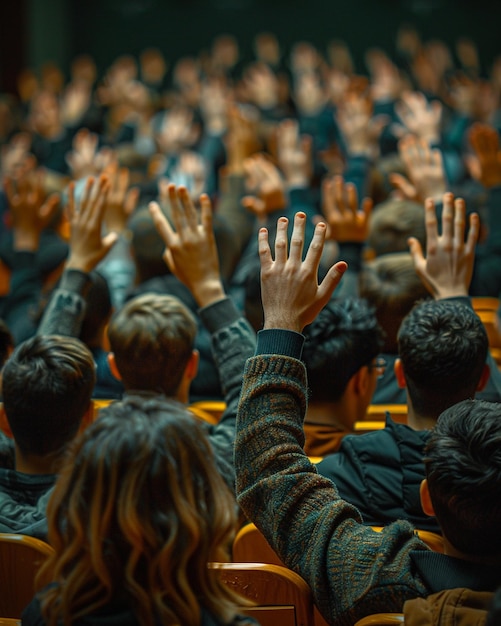 학생 들 이 손 을 들고 있는 교실