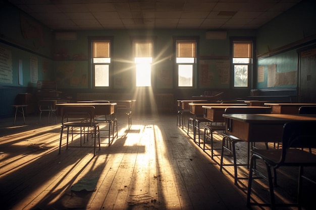 Empty classroom with sun rays by 第十一航空艦隊