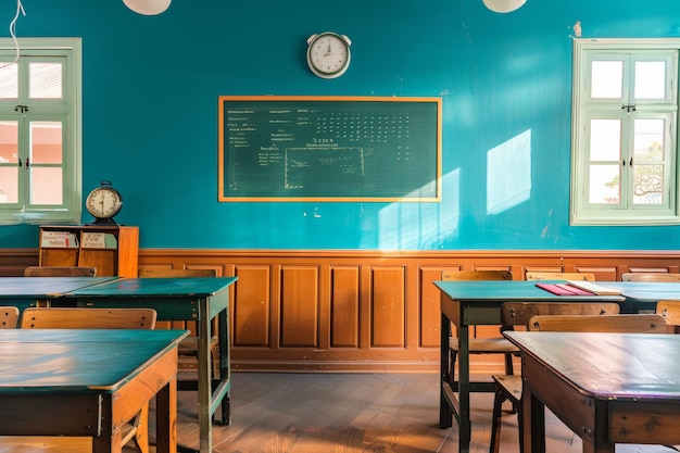 Classroom With Tables Chairs and Chalkboard