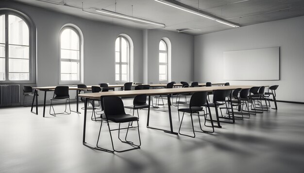 a classroom with tables and chairs in the middle of it