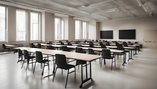 a classroom with tables and chairs that have chairs and tables with chairs