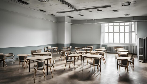 a classroom with tables and chairs with one that says  no one