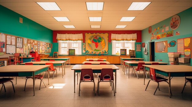 a classroom with tables and chairs with a painting on the wall