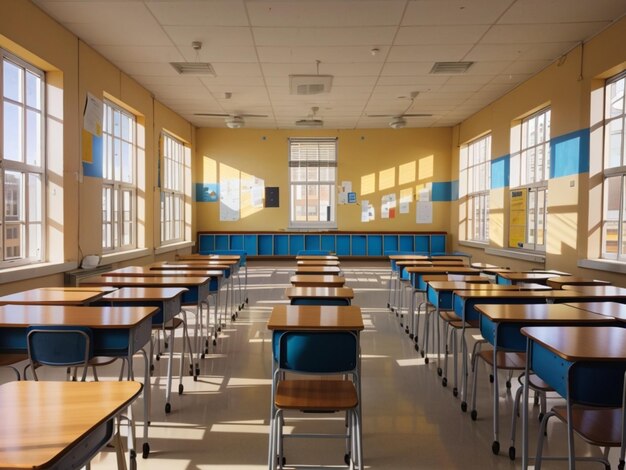 A classroom with tables and chairs with a yellow wallpaper on the wall