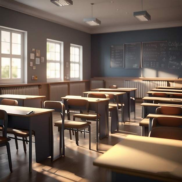 A classroom with tables and a chalkboard with the words quot no quot on the wall