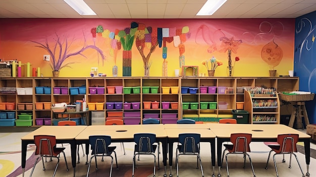 Photo a classroom with a wall of art supplies inspiring students to express their creativity