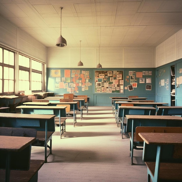 a classroom with a wall of posters on the wall