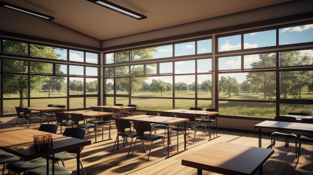 Foto un'aula con una parete di finestre che lascia entrare la luce naturale e la bellezza dell'aria aperta