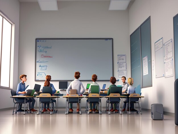 a classroom with a white board that says the word on it