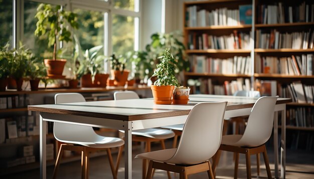 空の椅子とテーブルの白い列の教室 ぼんやりした背景の空の教室の景色