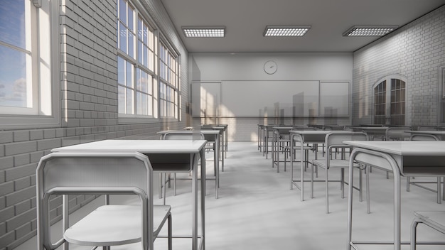 A classroom with white walls and white brick walls and a white board with the time displayed on it.