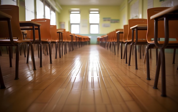 A classroom with a wooden floor and a green wall with a sign that says'no one is inside '