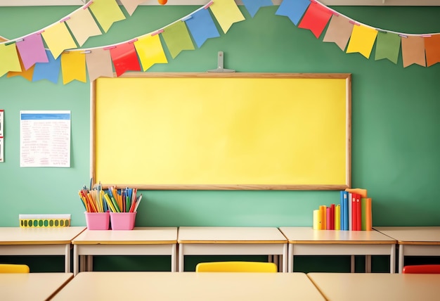 A classroom with a yellow board and colorful flags