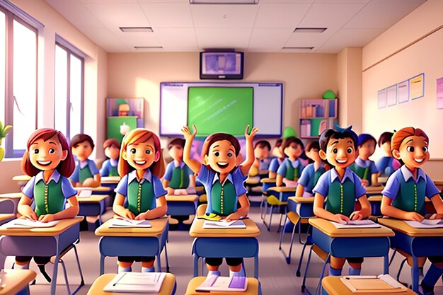 A classroom withcheerful students sitting at their desks happily clapping along to the song ledby their teacher