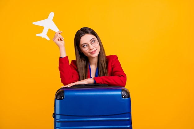 Classy attractive business lady hold paper airplane dream