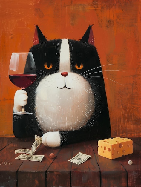 Foto un gatto di classe che beve vino in una pittura artistica