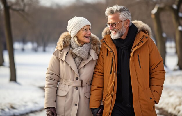 A classy elderly couple strolling by the river in the snowy park