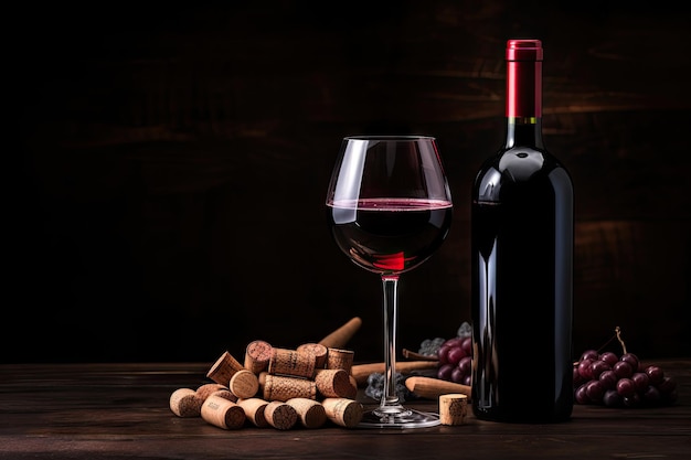 Classy red wine and wine accessories on wooden backdrop