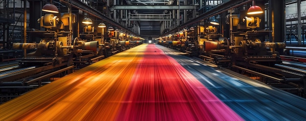 Photo clattering machines churning out colorful fabrics in a blur of motion realistic golden hour lighting capturing the essence of the industrial revolution