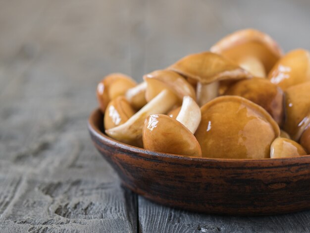 Clay bowl filled with mushrooms on the village table