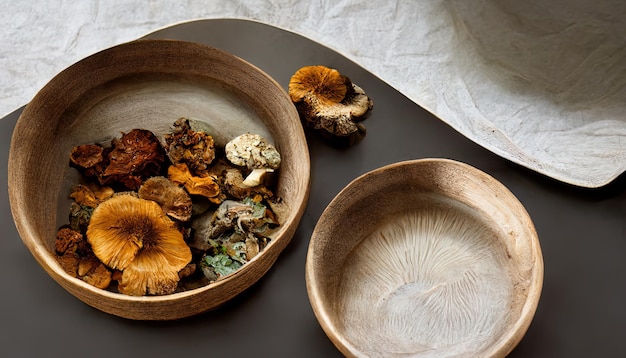 사진 신선한 버섯과 파슬리 잎이 분리된 진흙 그릇 generative ai