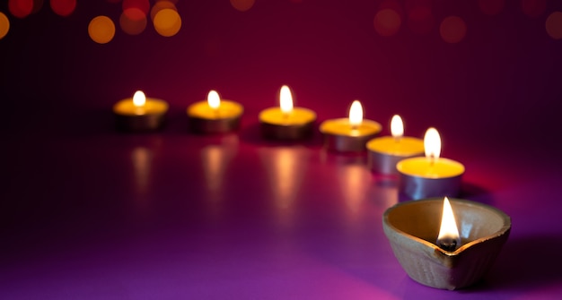 Clay Diya lamps lit during Dipavali, Hindu festival of lights celebration