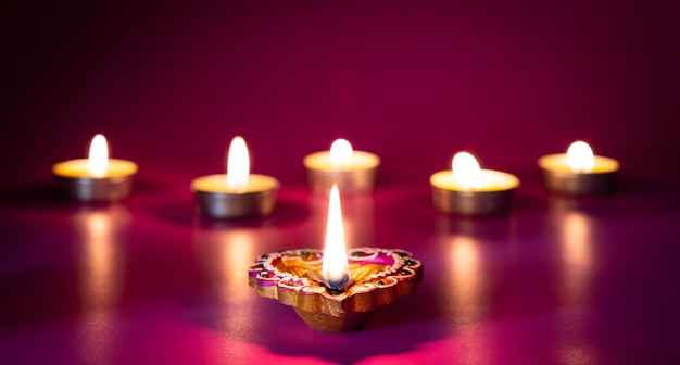 Clay Diya lamps lit during Dipavali, Hindu festival of lights celebration