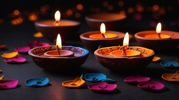 Лампы из глины зажжены во время празднования индуистского фестиваля огней Дипавали