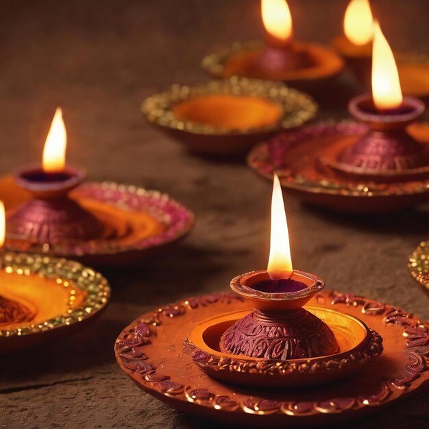 Clay diya lamps lit during diwali celebration