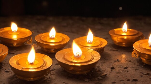 Clay diya lamps lit during diwali celebration greetings card design indian hindu light festival cal