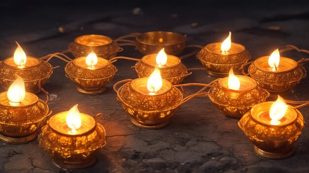 Clay diya lamps lit during diwali celebration greetings card design indian hindu light festival cal