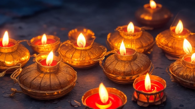 Clay diya lamps lit during diwali celebration greetings card design indian hindu light festival cal