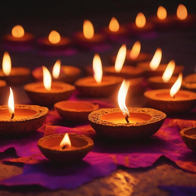 Clay diya lamps lit during diwali celebration