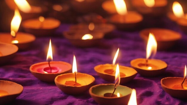 Clay diya lamps lit during diwali celebration