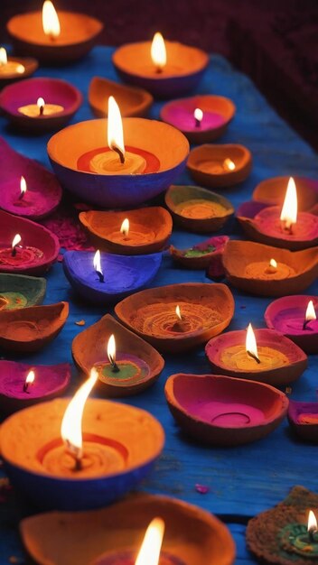 Clay diya lamps lit during diwali celebration