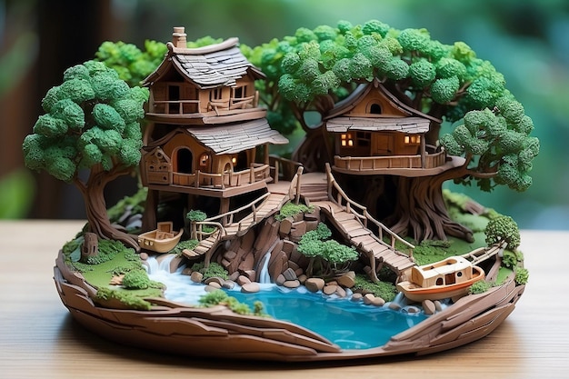 Photo clay made tree house with river waterfall trees