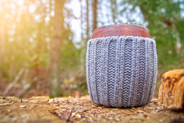 Clay mug in woolen cover stands in the autumn foliage in sunny beautiful forest Background of green moss