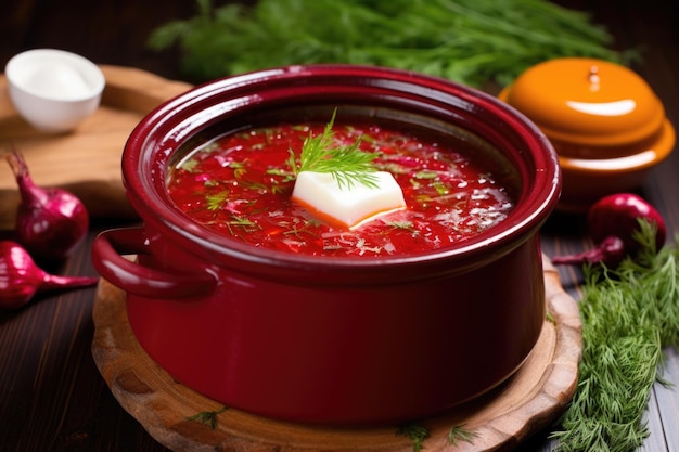 A clay pot filled with borscht ready to be served