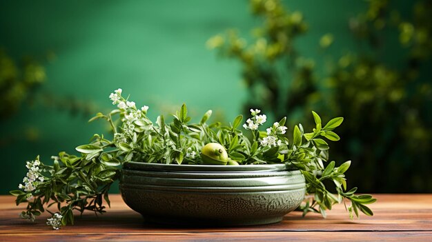 Clay pot on green background