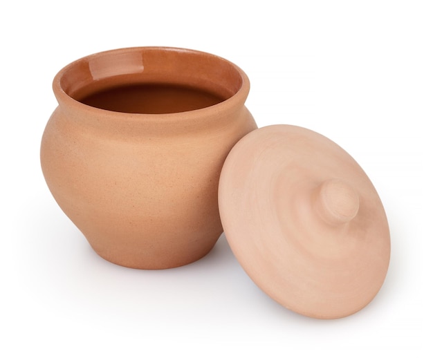 Foto clay pot met deksel geïsoleerd op een witte achtergrond met uitknippad