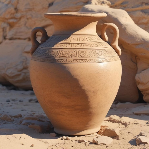 a clay pot with a design on the side of it