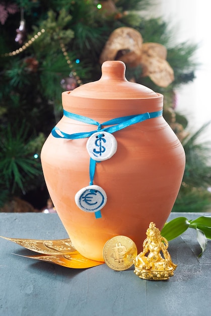 A clay pot with a dollar sign on it