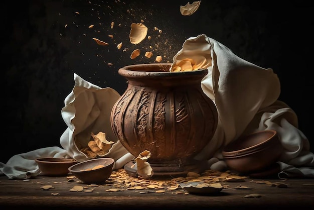 A clay pot with gold coins and a white cloth on the table