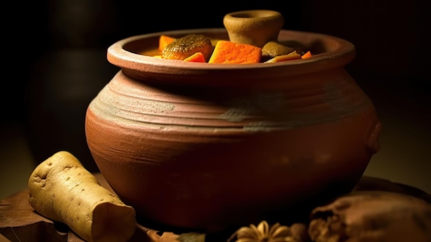 A clay pot with a pot of food on it