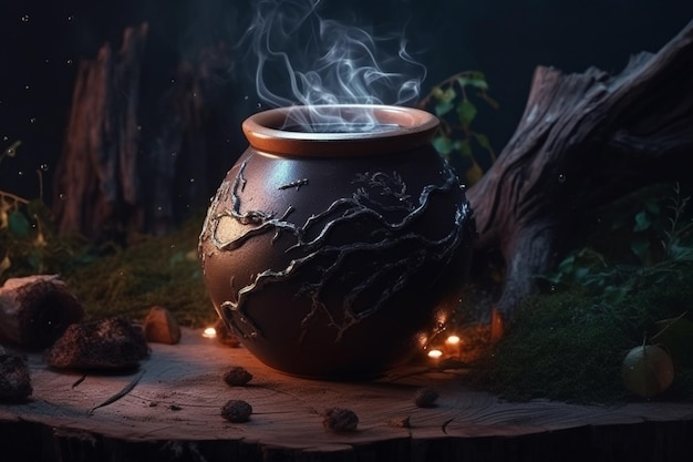 A clay pot with a smoke coming out of it