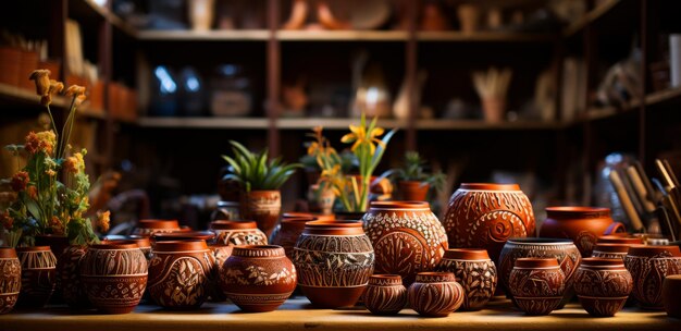 陶器 ワークショップ の 棚 に 置か れ て いる 粘土 の 鍋